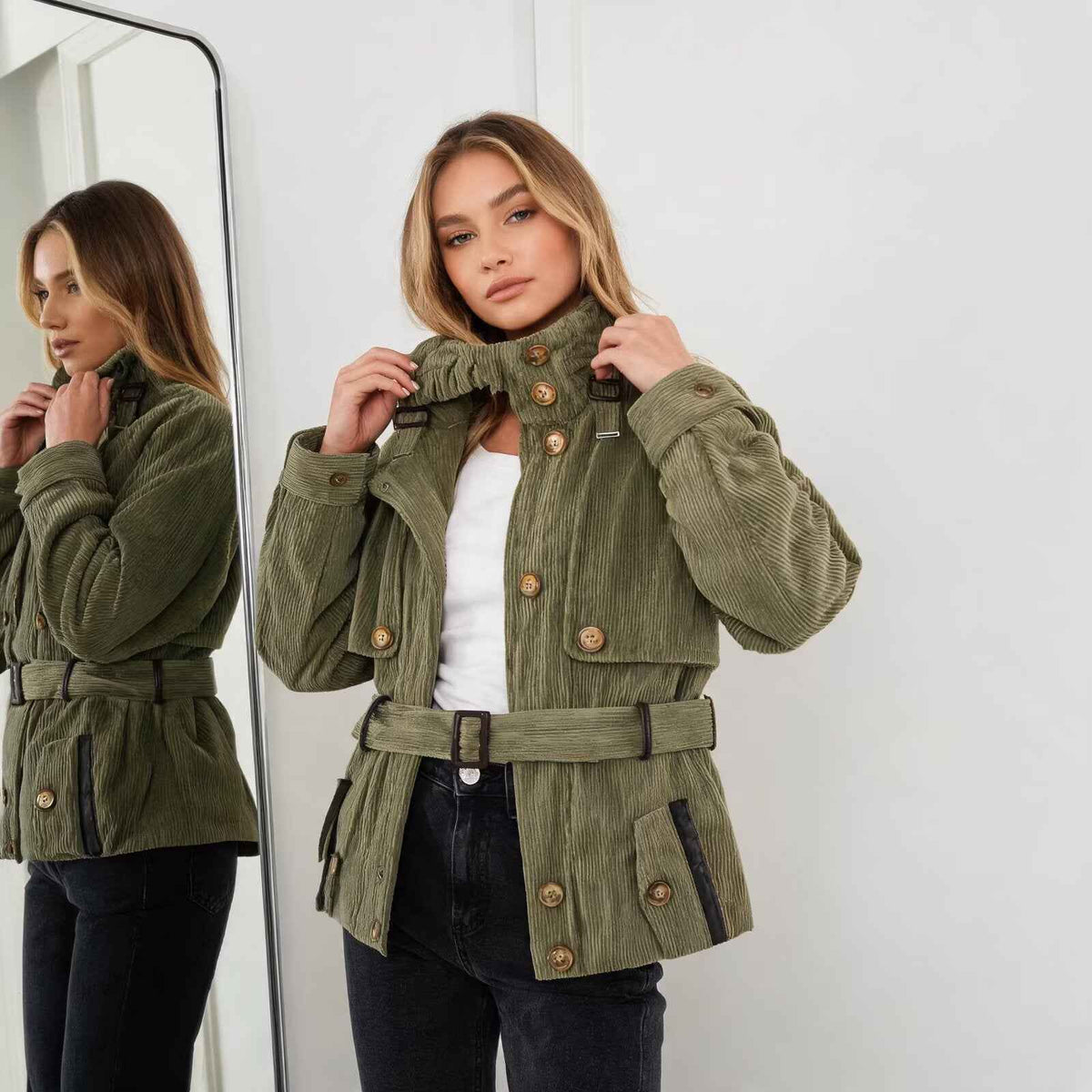 Army Green Buttoned Belted Vintage Workwear Jacket